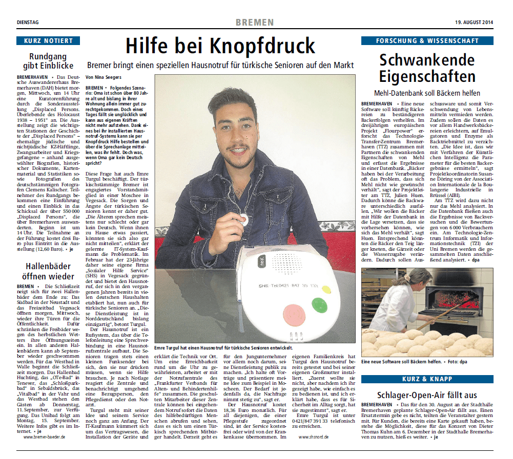Zeitungsartikel bei Bremen über SHS Hausnotruf