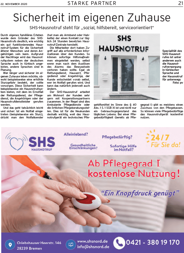 Zeitungsartikel bei Starke Partner über SHS Hausnotruf