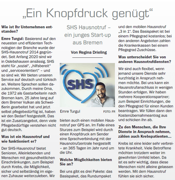Zeitungsartikel bei Das BLV über SHS Hausnotruf