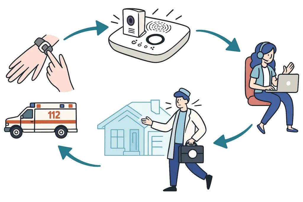 Funktionsweise eines Hausnotrufs schematisch dargestellt